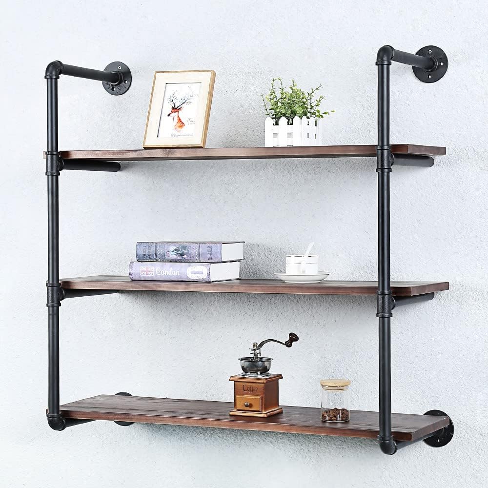 Industrial Pipe Shelving Wall Mounted,36in Rustic Metal Floating Shelves,Steampunk Real Wood Book Shelves,Wall Shelf Unit Bookshelf Hanging Wall Shelves,Farmhouse Kitchen Bar Shelving(3 Tier)