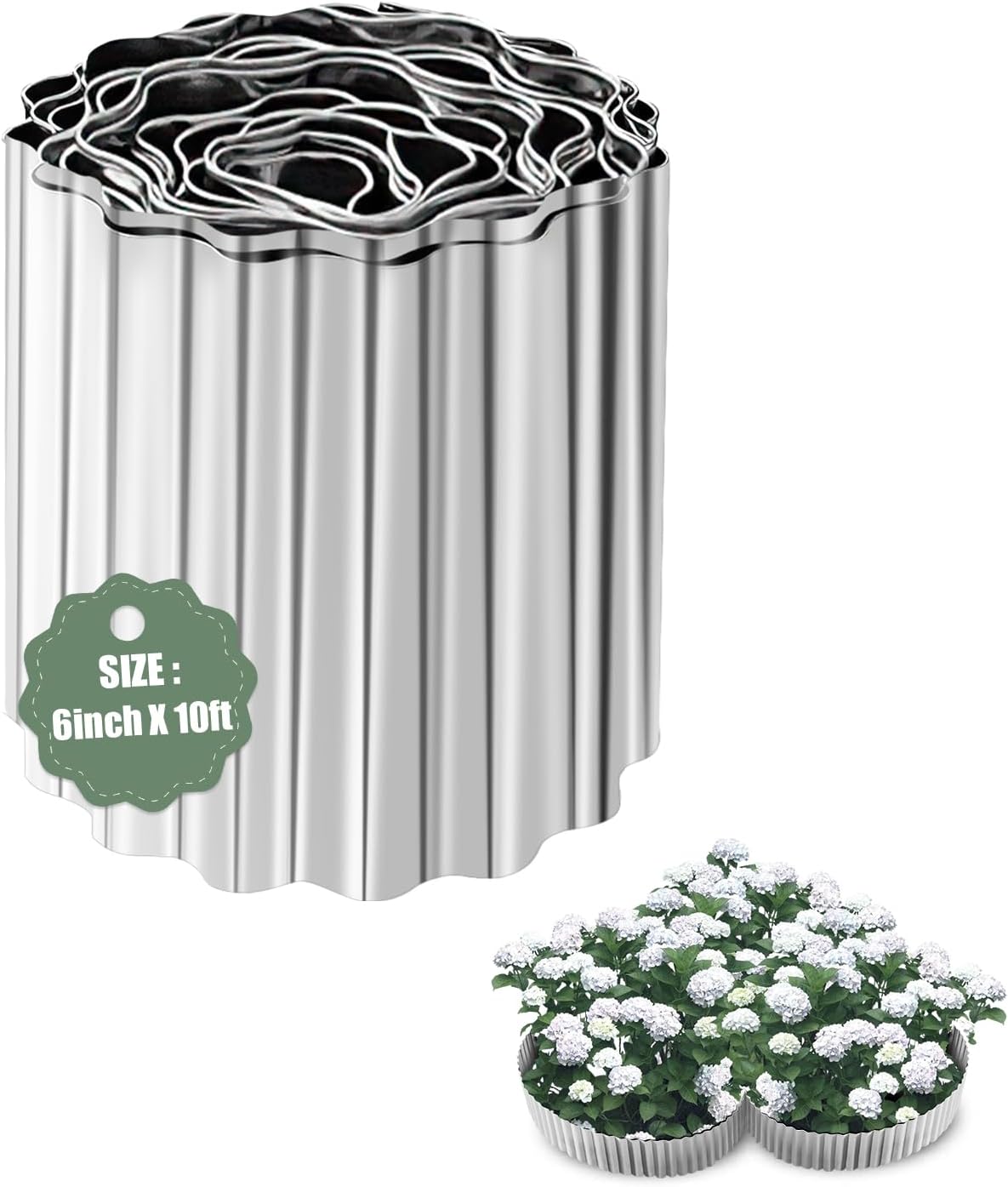 Corrugated Metal Garden Edging - 6 Inch X 10 FT Landscape Edging Border, Flexible Border for Garden Fence, Flower Bed, and Lawn (Silver)
