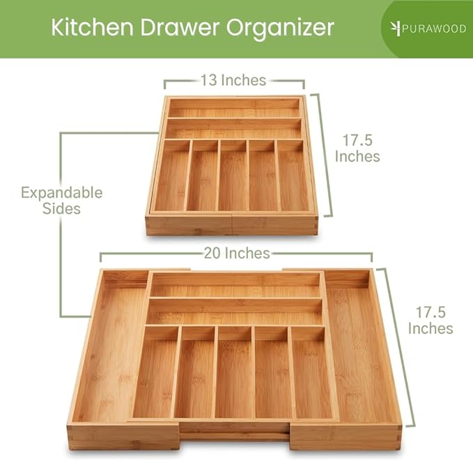 Bamboo Drawer Organizer, 2 Pack - Expandable Silverware Organizer & Utensil Drawer Organizer, Cutlery Tray with Dividers, 7-9 Slots - Premium Kitchen Organizer for Utensils & Flatware (Natural)