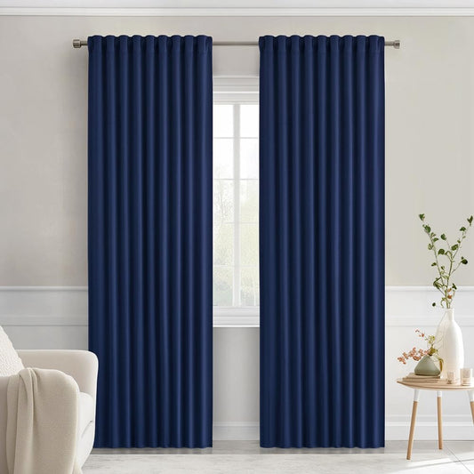 MIULEE Navy Blue Back Tab Blackout Curtains 90 Inches Long 2 Panels Set for Living Room Bedroom Privacy, Rod Pocket/Pinch Pleat Thermal Insulated Room Darkening Pleated Light Blocking Drapes