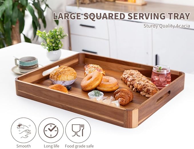 Large Wooden Ottoman Tray, Great 22"x18" Rectangle Trays for Big Ottoman Counter, Huge Kitchen Wood Serving Tray Round Corner, Living Room Coffee Table Decor Centerpiece Organizer Trays