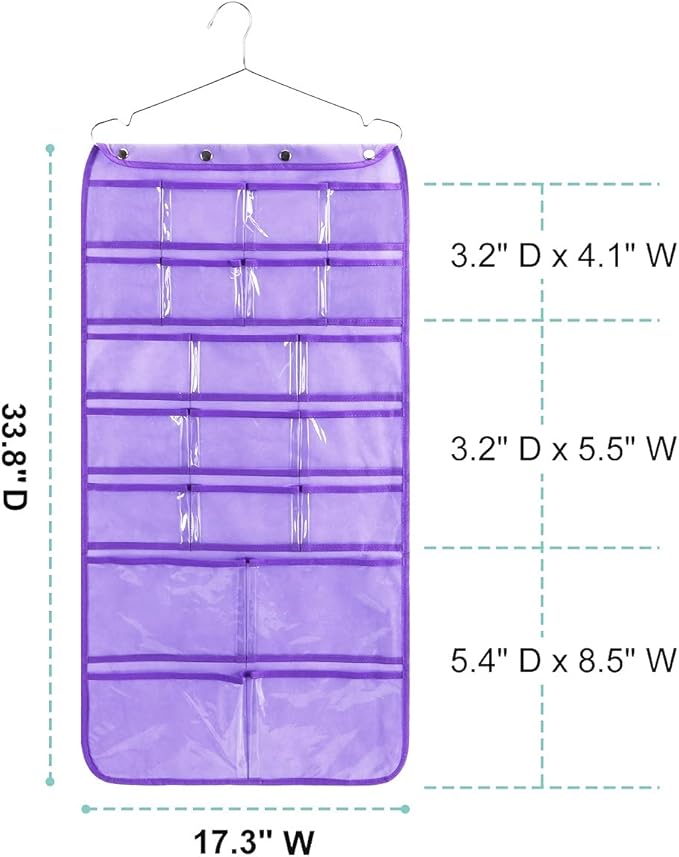 Dual Sided Hanging Organizer for Jewelry Makeup Storage Closet Organizers for Bows Socks Underwear with 42 Clear Pockets (PURPLE)