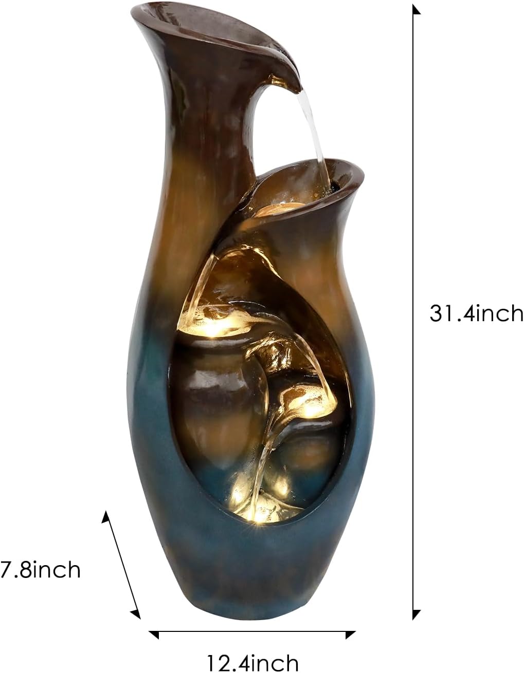 watnature 31.4”H Outdoor Garden Fountains and Waterfalls -Modern Indoor Water Jar Fountain with LED Lights&Pump for Garden, Patio, House, Home Decor, Indoor Zen Fountains Outdoor Waterfall Features