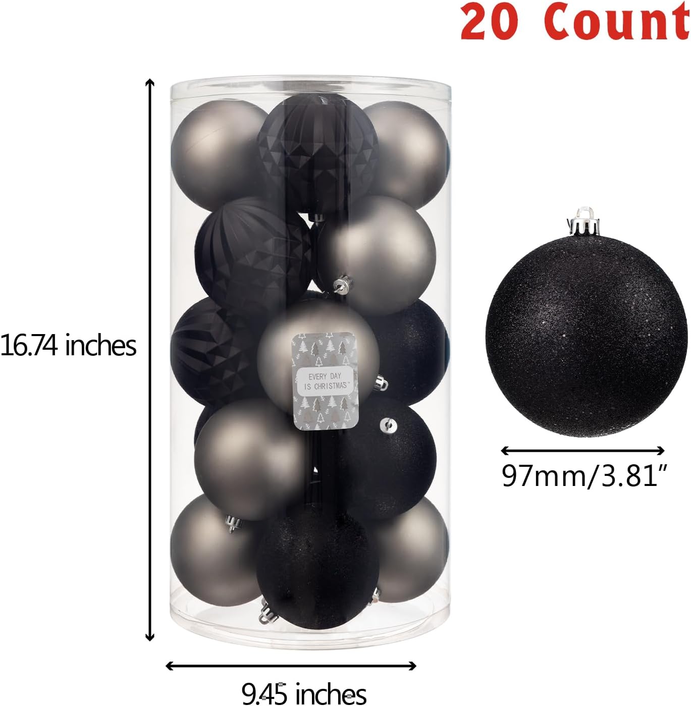 Every Day is Christmas 20ct Shatterproof Plastic Christmas Ornaments, 3.6" Round Balls, Multicolored, Christmas