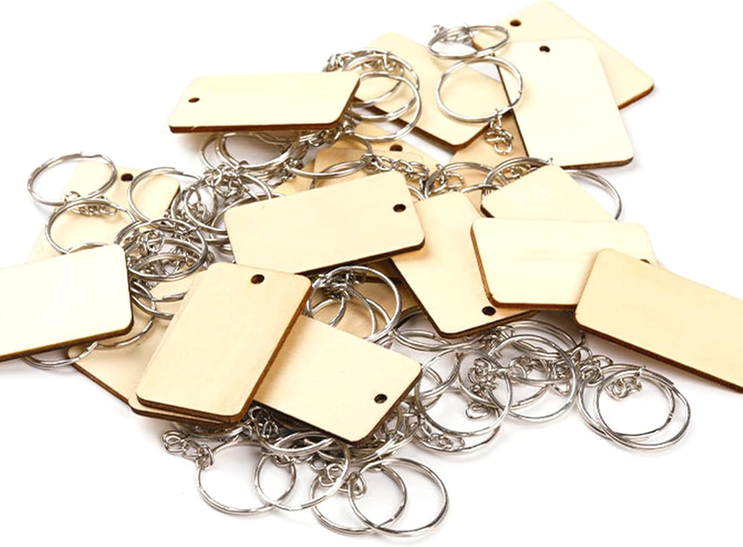QMTSINEW 100Pcs Blank Rectangle-Shaped Wooden Keychain Set,Unfinished Wood Pieces with Key Rings and Hemp Rope,Personalized Wood Keychain,Key Tags DIY Keychain Supplies for Holiday Craft Projects, Han