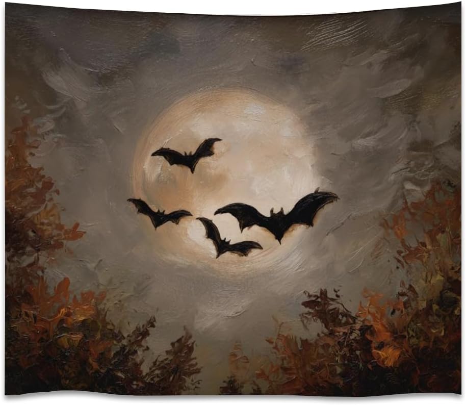Spooky Halloween Bats Dark Academia Full Moon Autumn Leaves Wall Hanging Vintage Haunted Home Artwork Gothic Witchy Ghost Tapestries for bedroom Living Room Decor 60x80inch