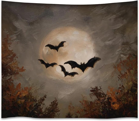 Spooky Halloween Bats Dark Academia Full Moon Autumn Leaves Wall Hanging Vintage Haunted Home Artwork Gothic Witchy Ghost Tapestries for bedroom Living Room Decor 50x60inch