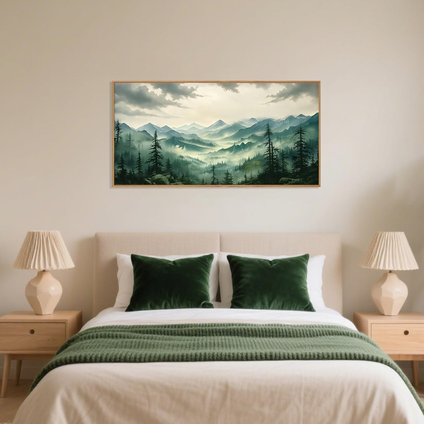 Celestdeco Green Foggy Mountain Framed Canvas Wall Art Set, Misty Forest Wall Decor, Watercolor Pine Tree Wall Painting, Large Nature Landscape Art Print for Living Room, Bedroom, Office - 20"X40"