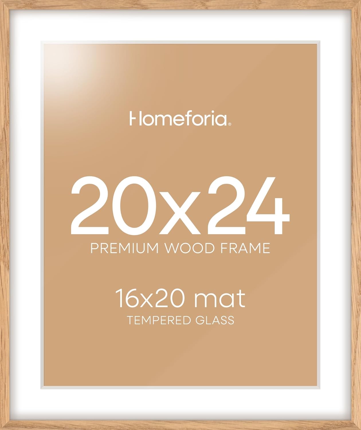 Homeforia 20x24 Picture Frame Wood, High End Natural Oak 20x24 Frame Matted to 16x20 Photo, 20 x 24 Light Wooden Poster Frames with Mat 16 by 20, 24by20 Thin Frames, Tempered Glass, Wall Kit, Set of 1