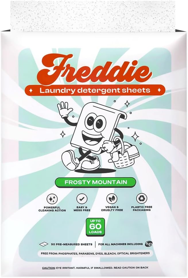 Freddie Laundry Detergent Sheets - Recyclable Packaging - No Mess Strips - 60 Loads - Crisp Frosty Mountain Scent