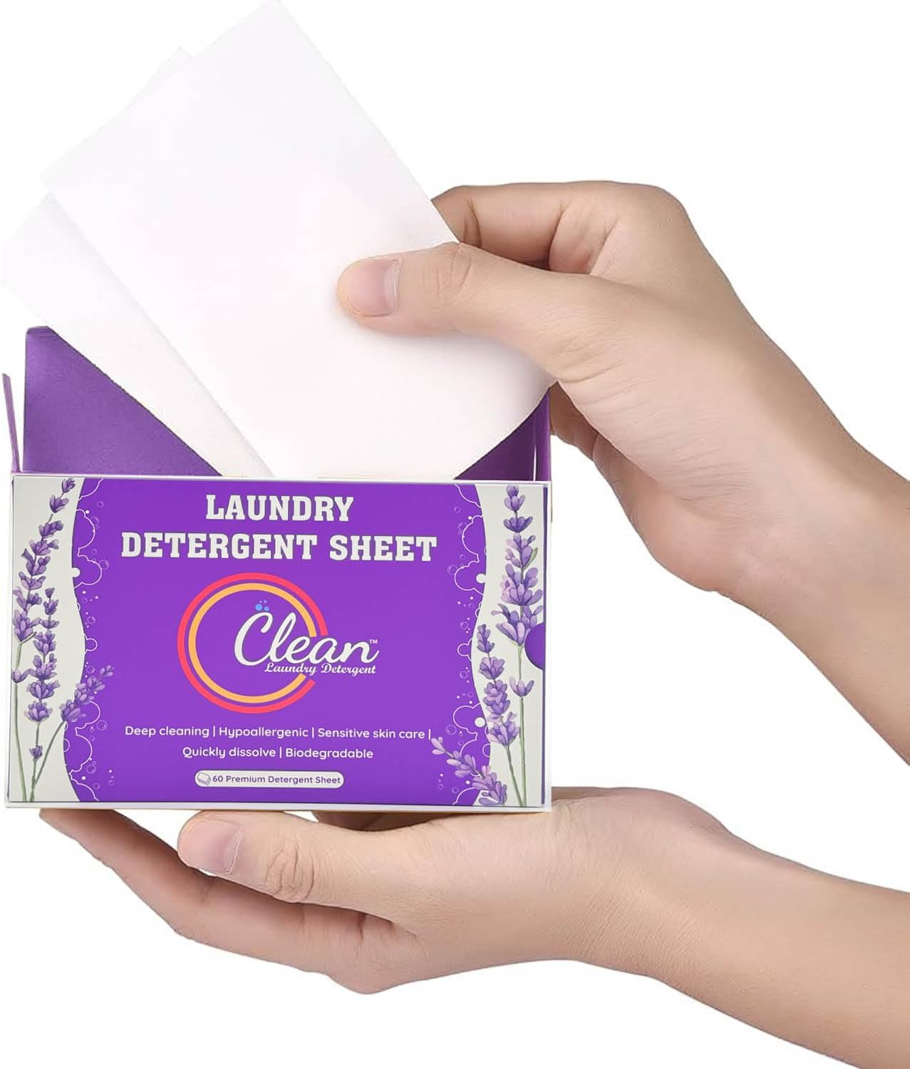 Clean Laundry Detergent™ – Hypoallergenic, Eco-Friendly, Plant-Based, Biodegradable, 100% Natural – Gentle on Skin & Fabrics, Lavender Scent, 60 Premium Laundry Detergent Sheet (Lavender)