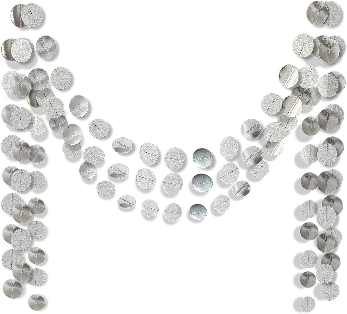 6 Pcs Glitter Silver Paper Circle Dots Garland Hanging Streamer Birthday Decorations Engagement Backdrop Twinkle Bridal Shower Wedding Baby Shower Bachelorette Christmas Supplies