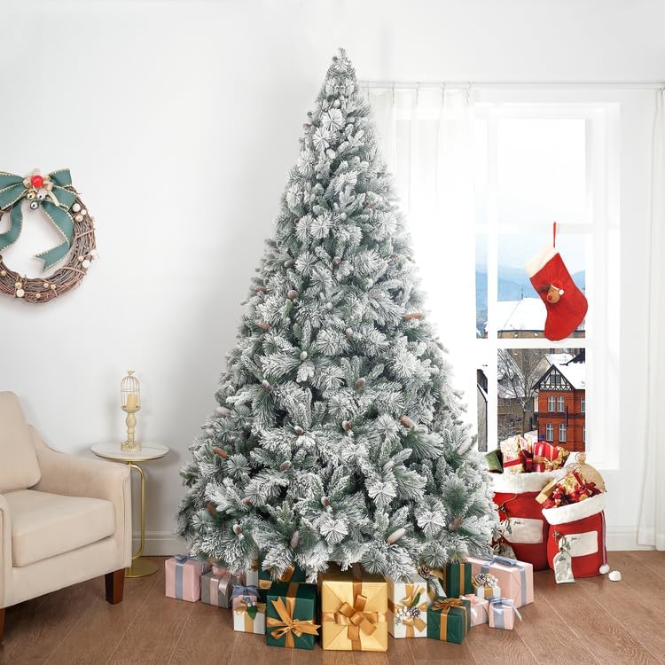 Naomi Home 7.5ft Snow Flocked Christmas Tree with Lights,Realistic Frosted Pine Prelit with Pine Cones, Foot Pedal 1556 Branch Tips, 750 Warm Lights & Metal Stand, Pre Lit Xmas Tree