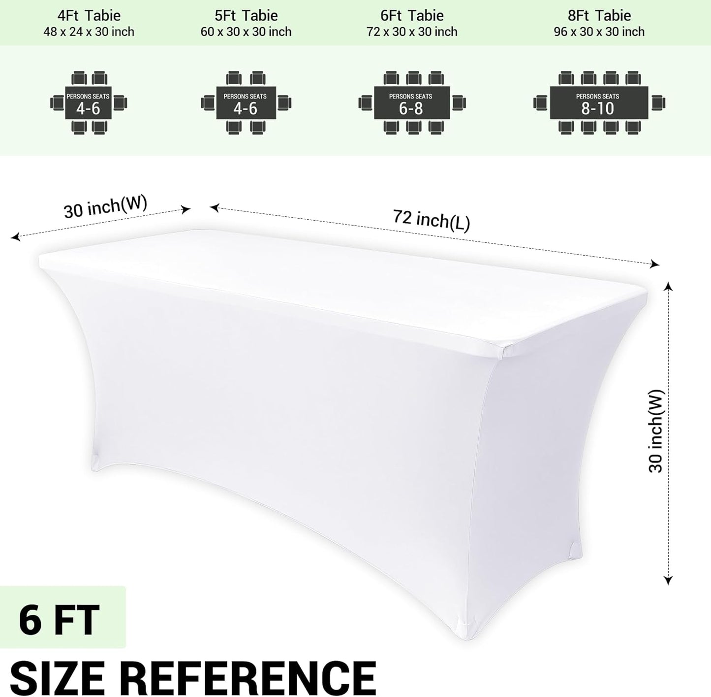 Obstal Spandex Table Cover 6ft Fitted Tablecloth Rectangular - Stretch Rectangle Folding Table Cloth for Birthday Party Wedding Banquet, White, 72L x 30W Inch