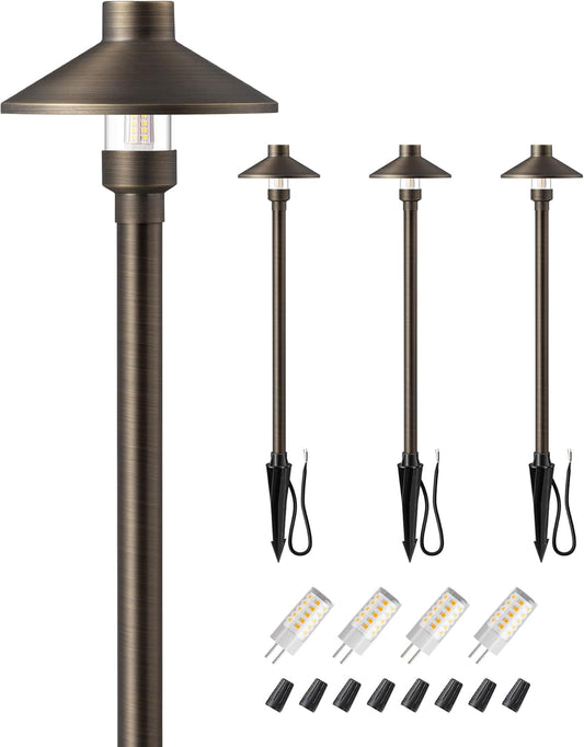EDISHINE Solid Brass Low Voltage Pathway Lights Wired, 22" Tall 6" Shade, 4Pack Heavy Duty LED Landscape Lighting with G4 Bulb, 12V 350LM 3000K Waterproof Outdoor Landscape Path Light with Large Stake