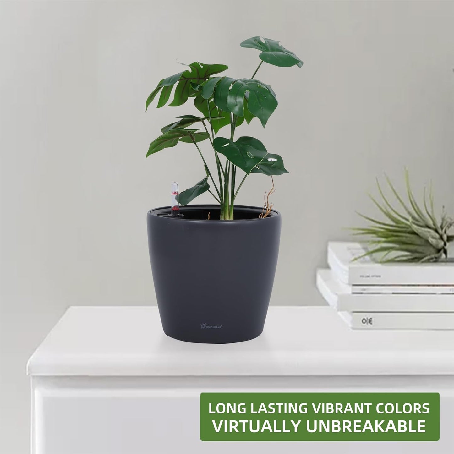 Dexceder 9x8 Inches Self Watering Planter Indoor Outdoor, Inner Pot Design, Thickened Table Flower Plant Pot with Water Level Indicator (Slate Gray Matte)