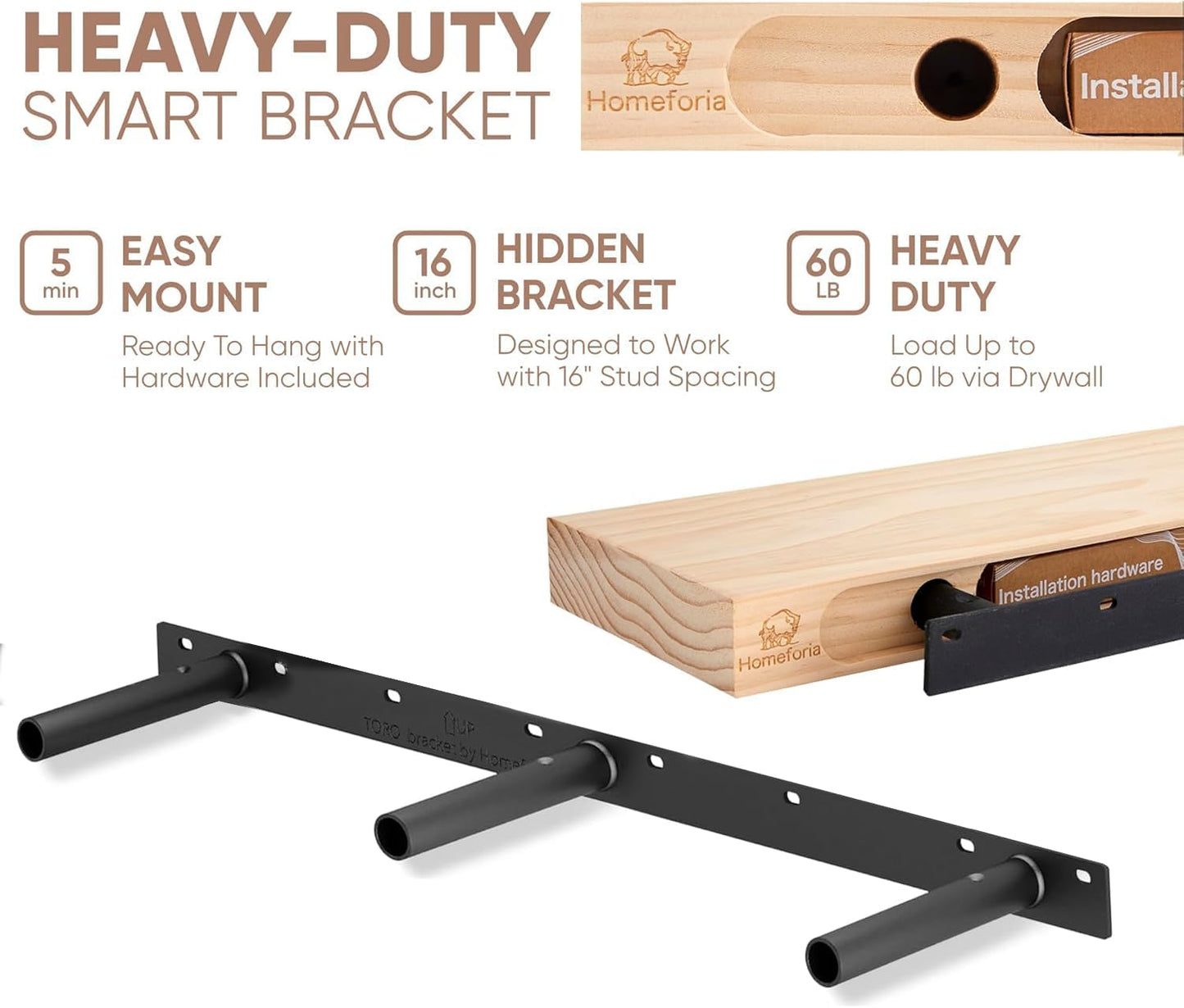 Homeforia Floating Black Shelf 60 inch, High End Solid Real Wood 60 inches Long Floating Shelves for Wall, Black Wooden 60inch Large Floating Shelves, Heavy Duty Bracket, 60 X 6.5 X 1.75 in, Set of 2