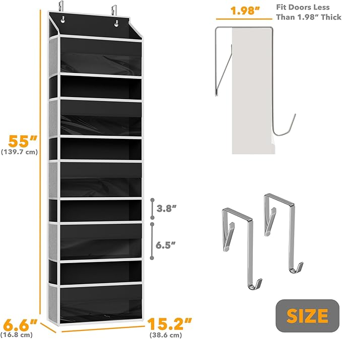 SpaceAid 1 Pack Over The Door Organizer with 5 Large Pockets and 10 Mesh Side Pockets, 5 Layers Door Organizer Hanging with Clear Window for Bedroom, Bathroom, Pantry and Nursery, Black