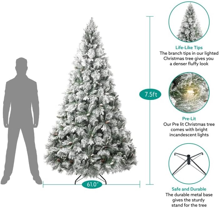 Naomi Home 7.5ft Snow Flocked Christmas Tree with Lights,Realistic Frosted Pine Prelit with Pine Cones, Foot Pedal 1556 Branch Tips, 750 Warm Lights & Metal Stand, Pre Lit Xmas Tree