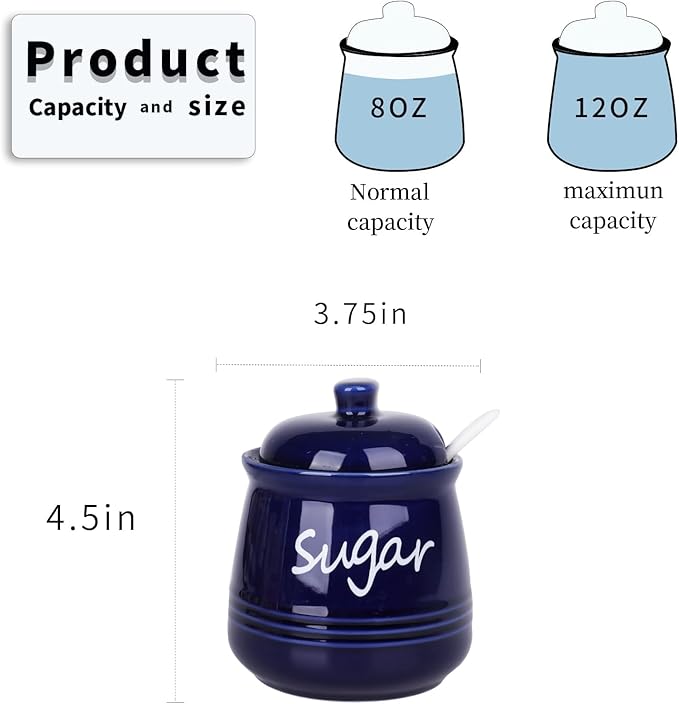HAOTOP 12oz Sugar Bowl with Lid and Spoon,Ceramic Sugar Jar Sugar Dispenser Sugar Container Coffee Bar Accessories, Kitchen Countertop Canisters, Navy