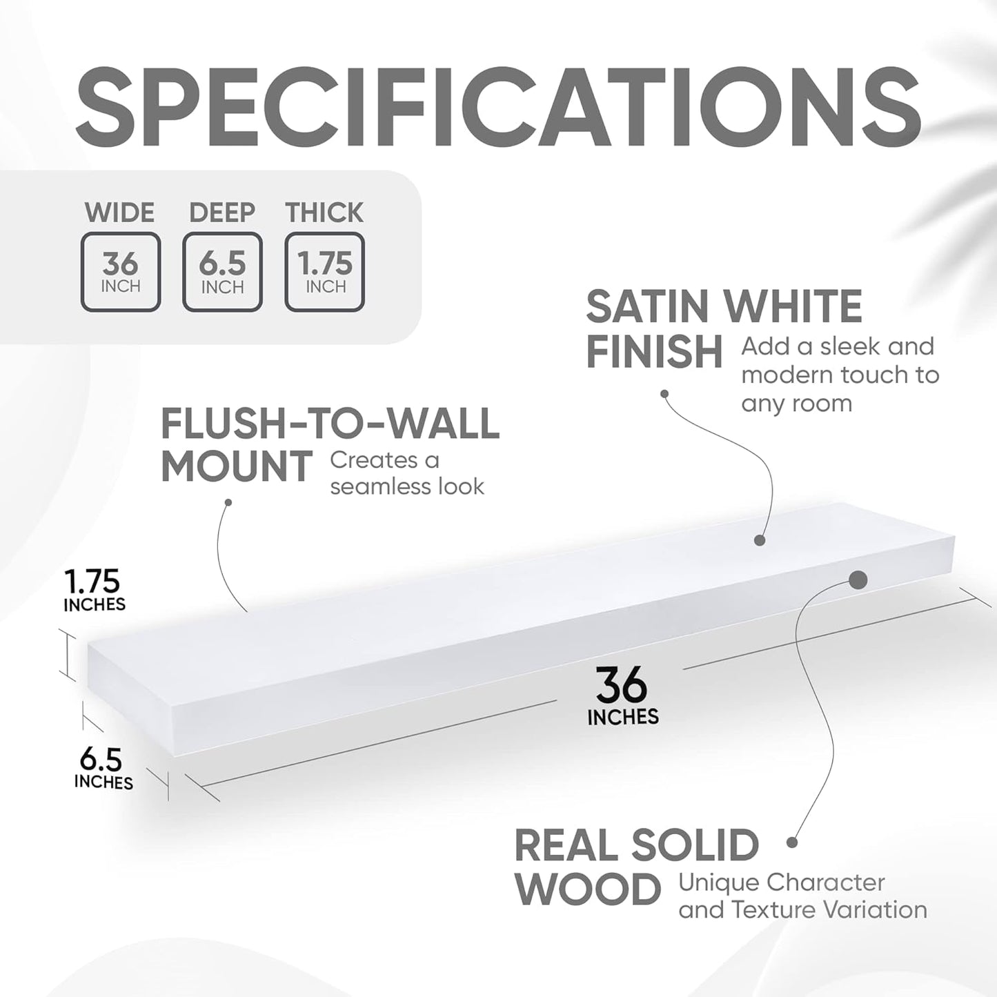 Homeforia White Floating Shelves 36 inch, High End Solid Real Wood 36inch Floating Shelf for Wall Mounted, White Wooden 36in Long Floating Shelves, Heavy Duty Bracket, 36 X 6.5 X 1.75 inches, Set of 2
