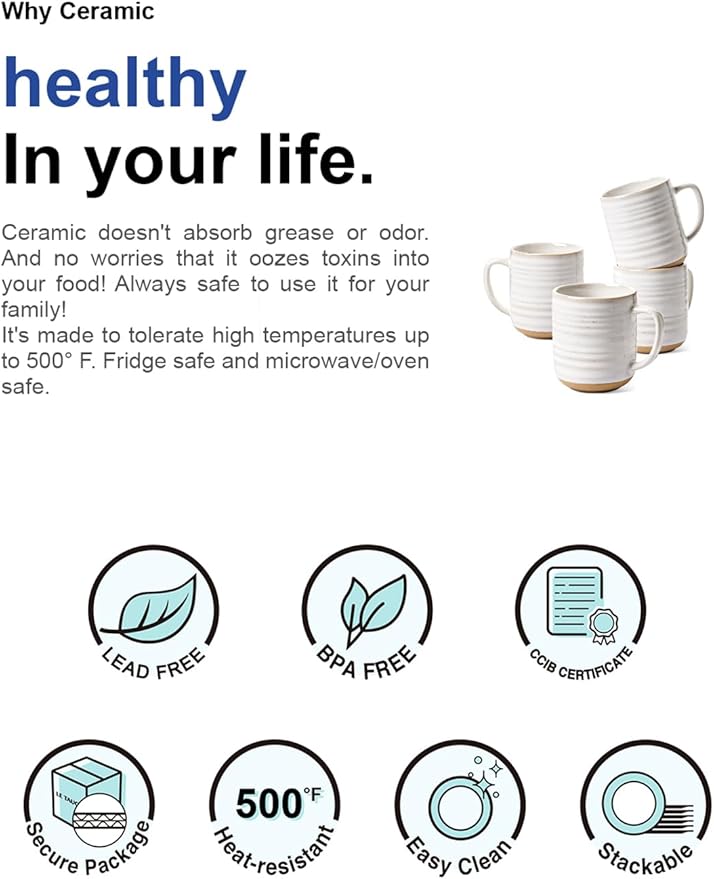 LE TAUCI Coffee Mugs 12 oz, Ceramic Mug Set, Housewarming Wedding Present, Coffee Cups for Latte, Hot Tea, Cappuccino, Mocha, Cocoa - Set of 4, Arctic White