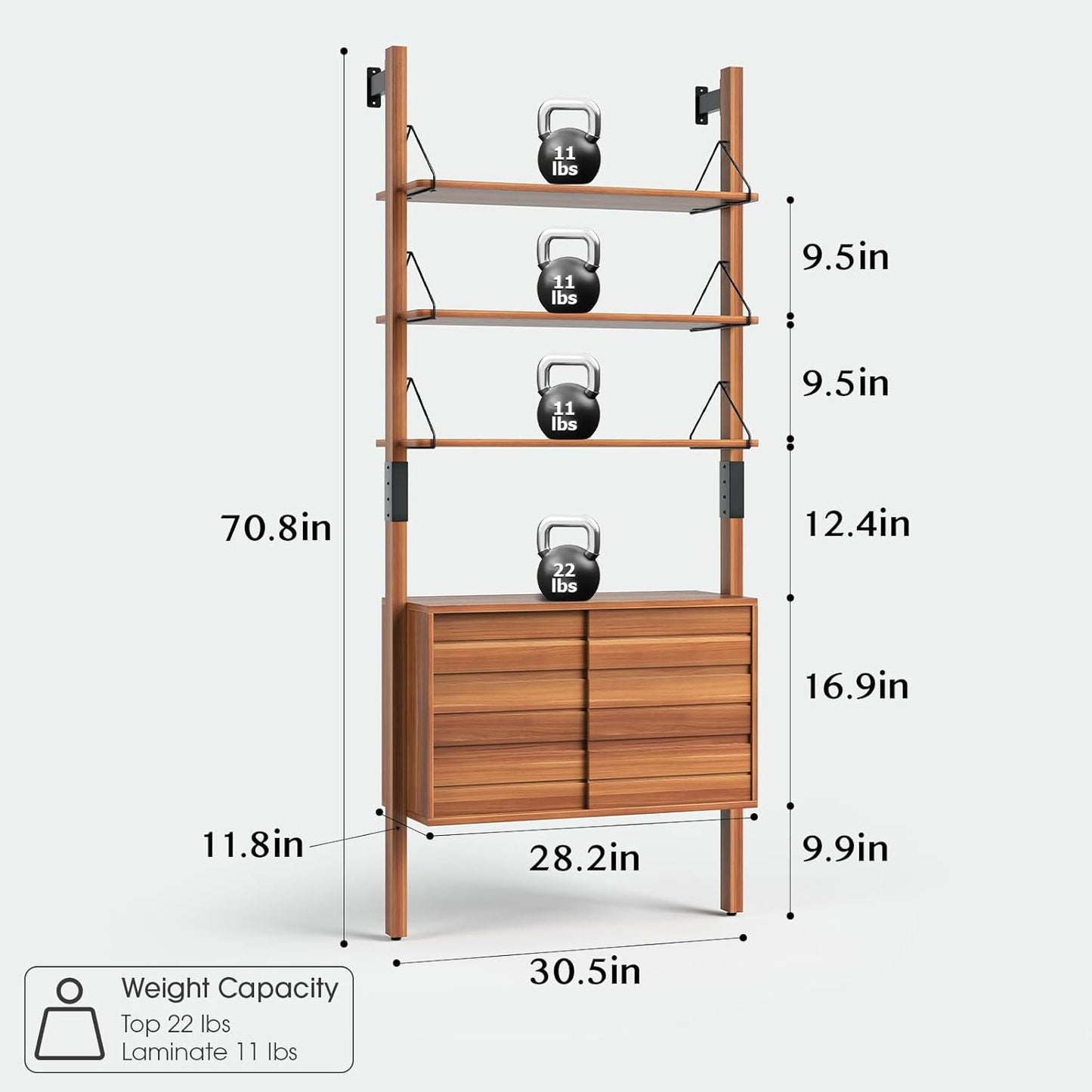 Ladder Bookshelf with Storage Cabinet, Mid Century Modern Wall Mounted Bookcase with Wood and Metal Frame, 6 Tier Open Display Shelves for Living Room, Bedroom, Home Office, Cherry