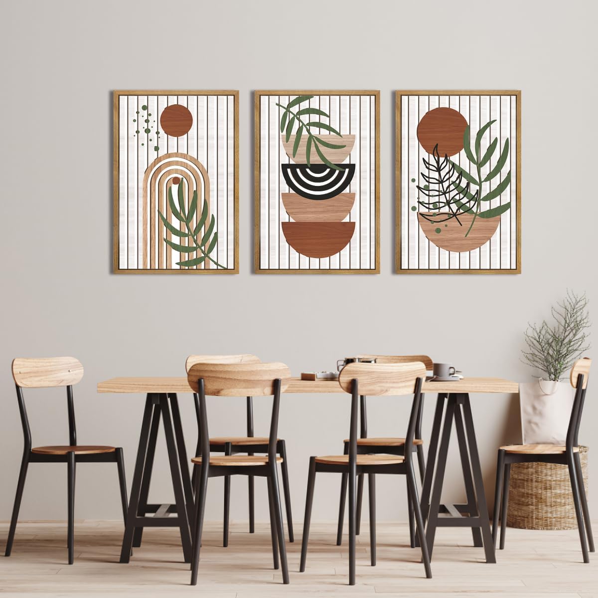 Large Boho Mid Century Wood Wall Art Set Modern Bohemian Wooden Wall Decor Minimalist Leaf Art Decor Abstract Geometric Wall Sculptures for Living Room Bedroom Office-16x24Inchx3