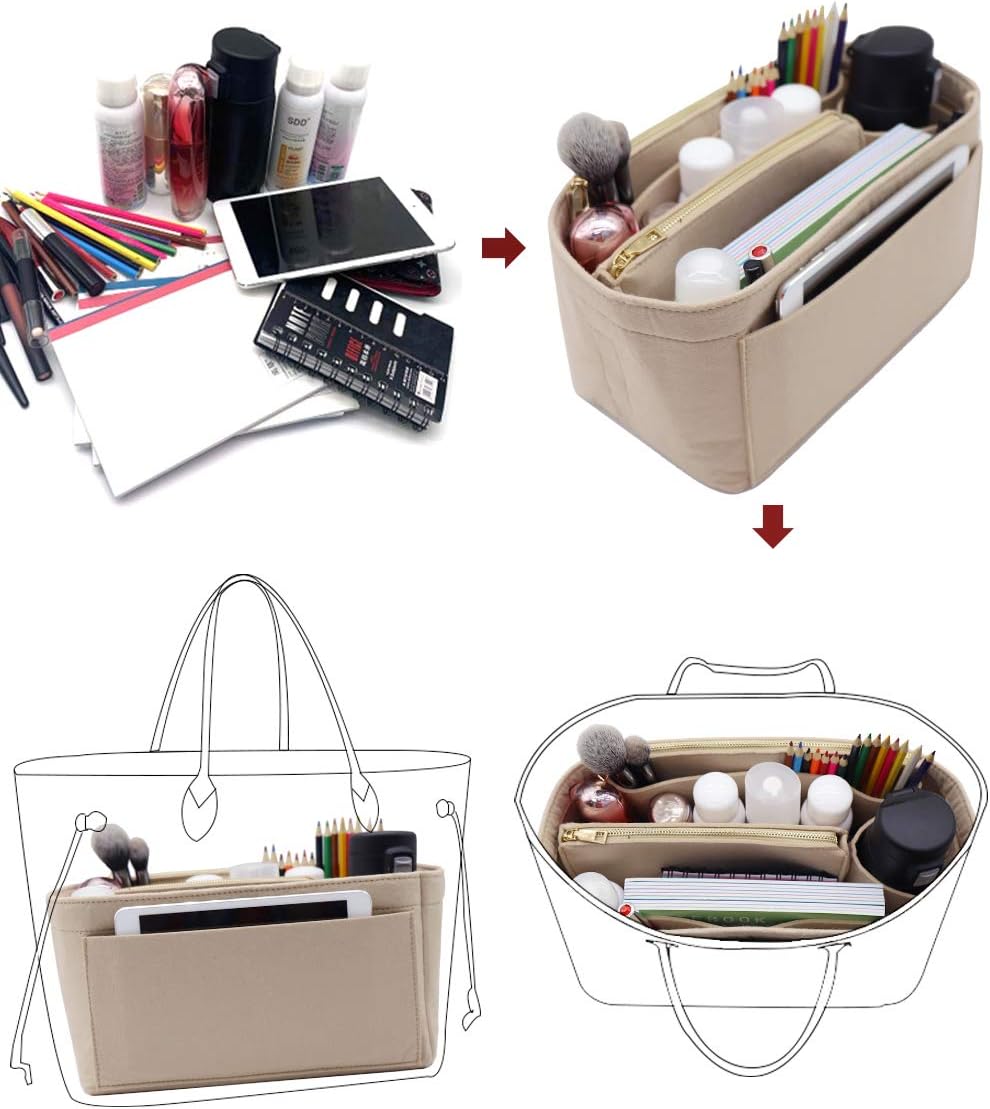 LEXSION Felt Purse Bag Organizer Insert with zipper Bag Tote Shaper Fit Speedy Neverful PM MM
