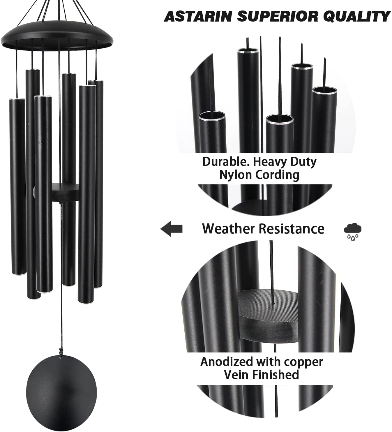 ASTARIN Outdoor Memorial Wind Chimes, 36 in with 6 Heavy Tubes, Deep Tone for Garden Hanging Decor, Sympathy Gifts. Black