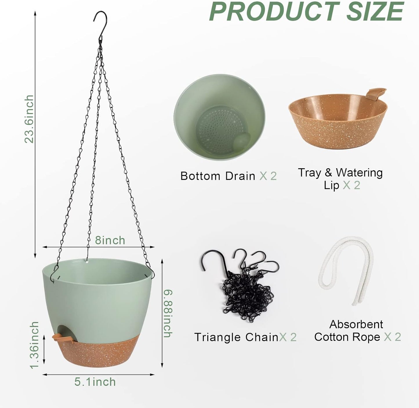 Hanging Planters for Indoor Outdoor Plants, 2 Pack Self Watering Hanging Pot with Drainage Holes & Removable Tray (Green, 8'')