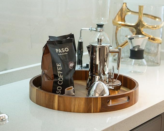 Round Wood Serving Trays Set of 2, Ottoman Tray Rustic Acacia Wooden Trays with Handles, Nesting Circle Tray with 4 Coasters for Coffee Table Living Room Bathroom Bedroom Party