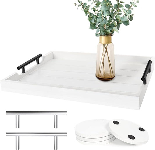 Coffee Table Tray - Large Ottoman Tray for Living Room - Wood Serving Tray with Handles(2 Sets) - Wooden Tray for Coffee Table, 4 Round Coasters Included, White