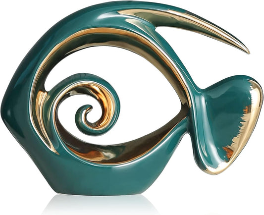 Green Gold Ceramic Fish Figurines - Coastal Home Decor, Modern Ocean Centerpieces for Living Room, Dining Area, Bathroom, Office, Coffee Table, Beach House, Nautical, Seaside, Entrance, Shelf Display