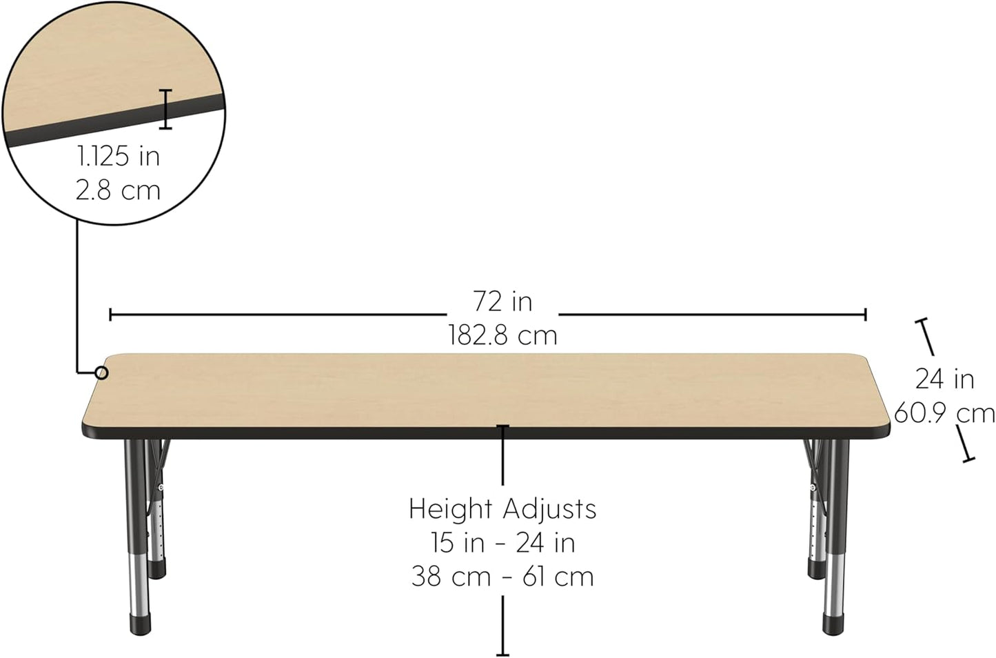 FDP Rectangle Activity School and Classroom Kids Table (24 x 72 inch), Chunky Toddler Legs, Adjustable Table Height 15-24 inches - Maple Top and Black Edge