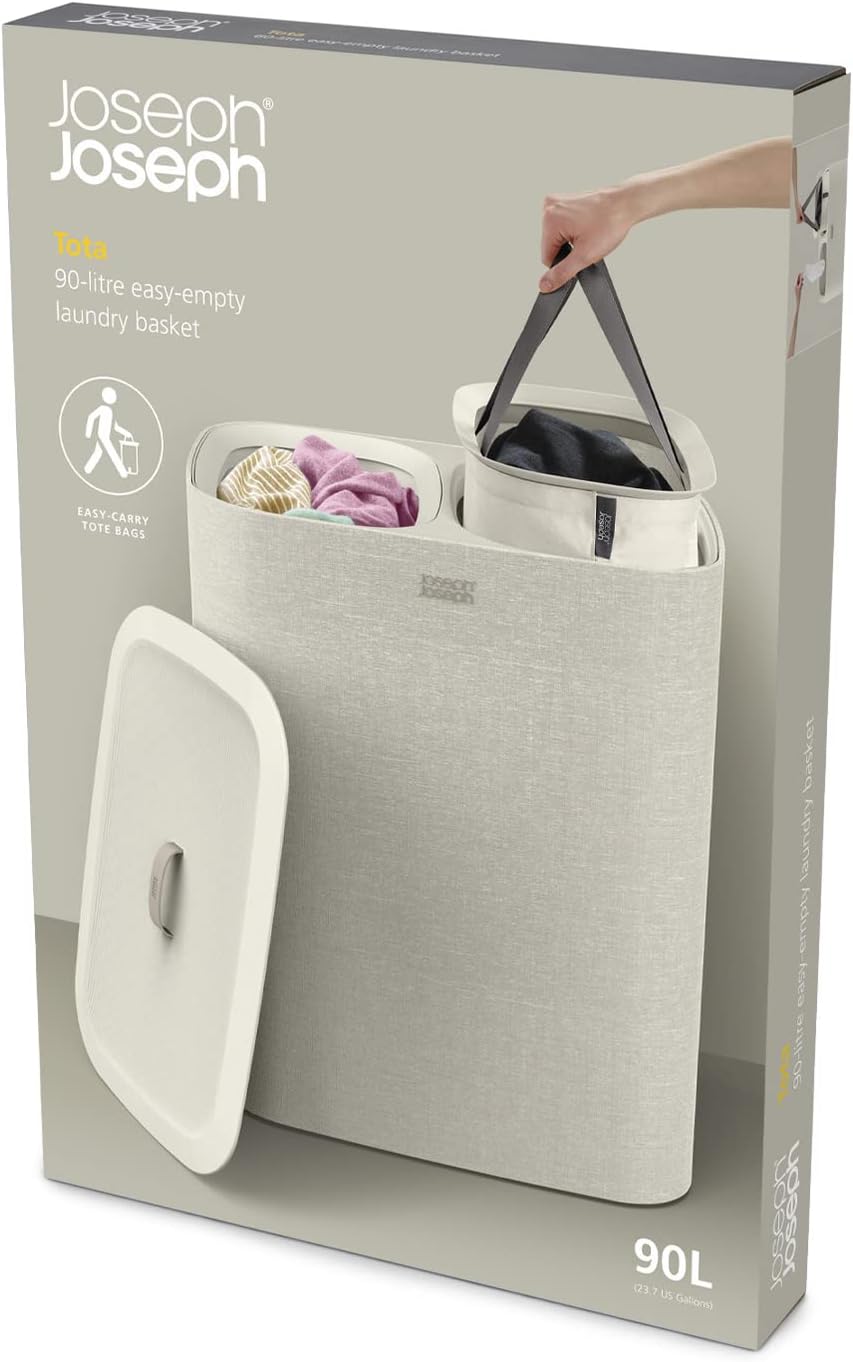 Joseph Joseph Tota 90 liter/23.8 gallon Laundry Hamper Separation Basket with lid, 2 Removable Washing Bags with Handles - Ecru