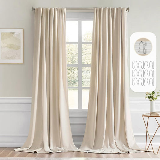MIULEE Cream Beige Back Tab Light Blocking Curtains 100 Inch Length 2 Panels Set for Living Room Bedroom Privacy, Rod Pocket/Pinch Pleat Thermal Insulated Room Darkening Pleated Blackout Drapes