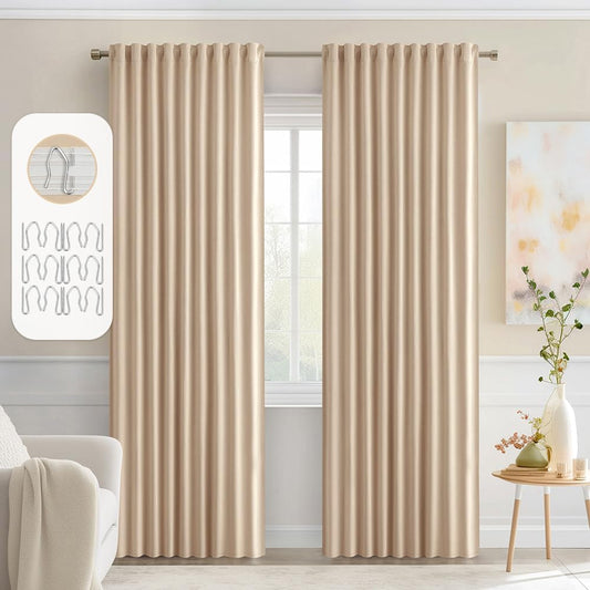 MIULEE Back Tab Beige Curtains 90 Inch Long 2 Panels Set for Living Room Bedroom Privacy, Cream Rod Pocket/Pinch Pleated Light Blocking Thermal Insulated Room Darkening Blackout Curtains, 52 x 90 Inch