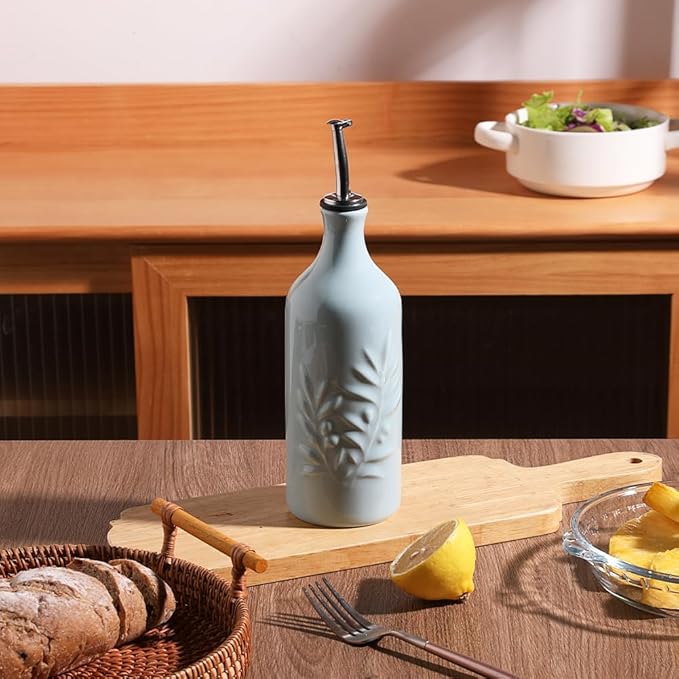 Sweejar Ceramic Olive Oil Dispenser Bottle, 20 Oz Relief Opaque Oil Cruet Protects Oil To Reduce Oxidation, Suitable for Storage Oil, Vinegar, Soy Sauce, Coffee Syrup, Liquids, Set of 1 (Light Blue)