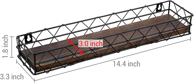 MyGift 14 Inch Wall Mounted Kitchen Spice Racks, Rustic Burnt Solid Wood and Black Metal Wire Geometric Hanging Organizers for Seasoning Jars or Condiment Bottles, Set of 3