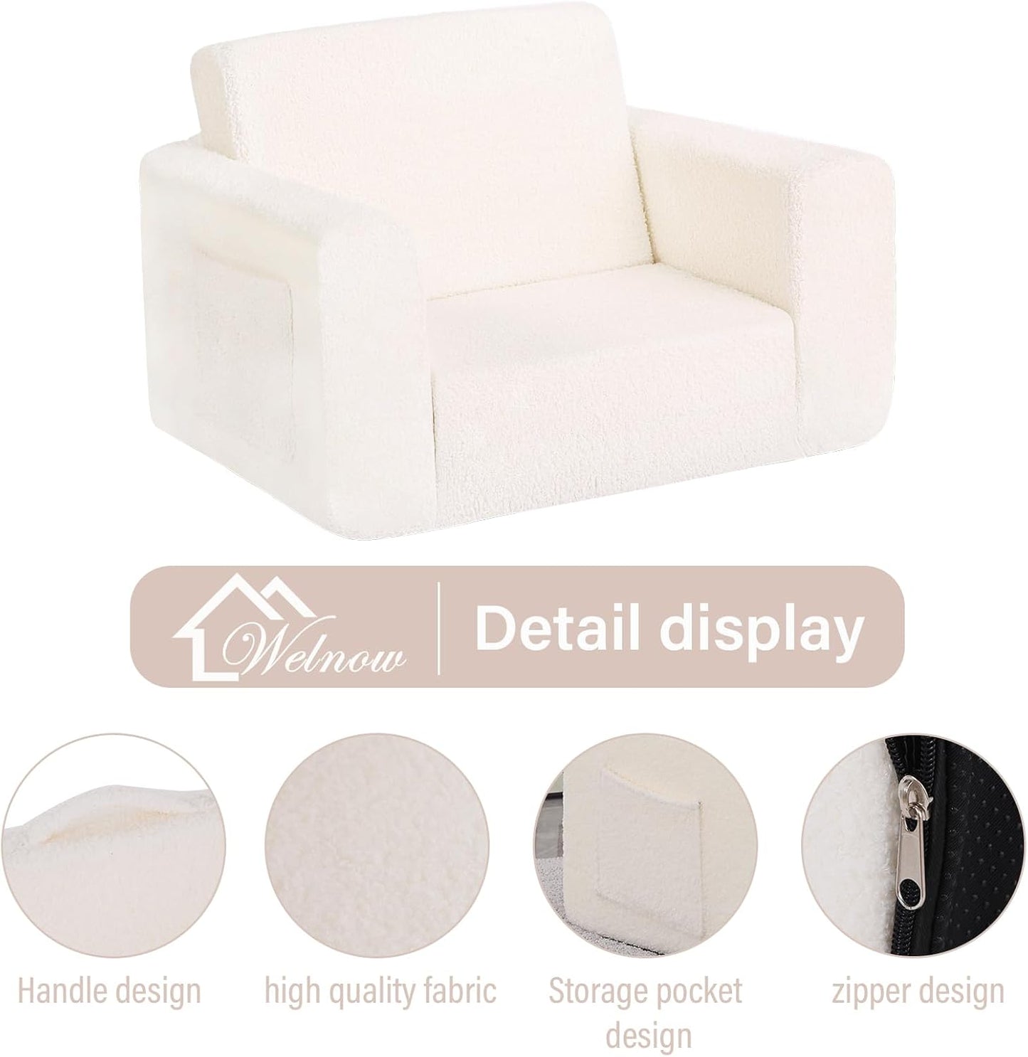 Welnow 2-in-1 Kids Sofa Chair, Convertible Toddler Chair Flip Out Children Sofa Chair Folding Kids Play Sofa with Side Pockets & Removable Cover Armrest Chair for Girl or Boy