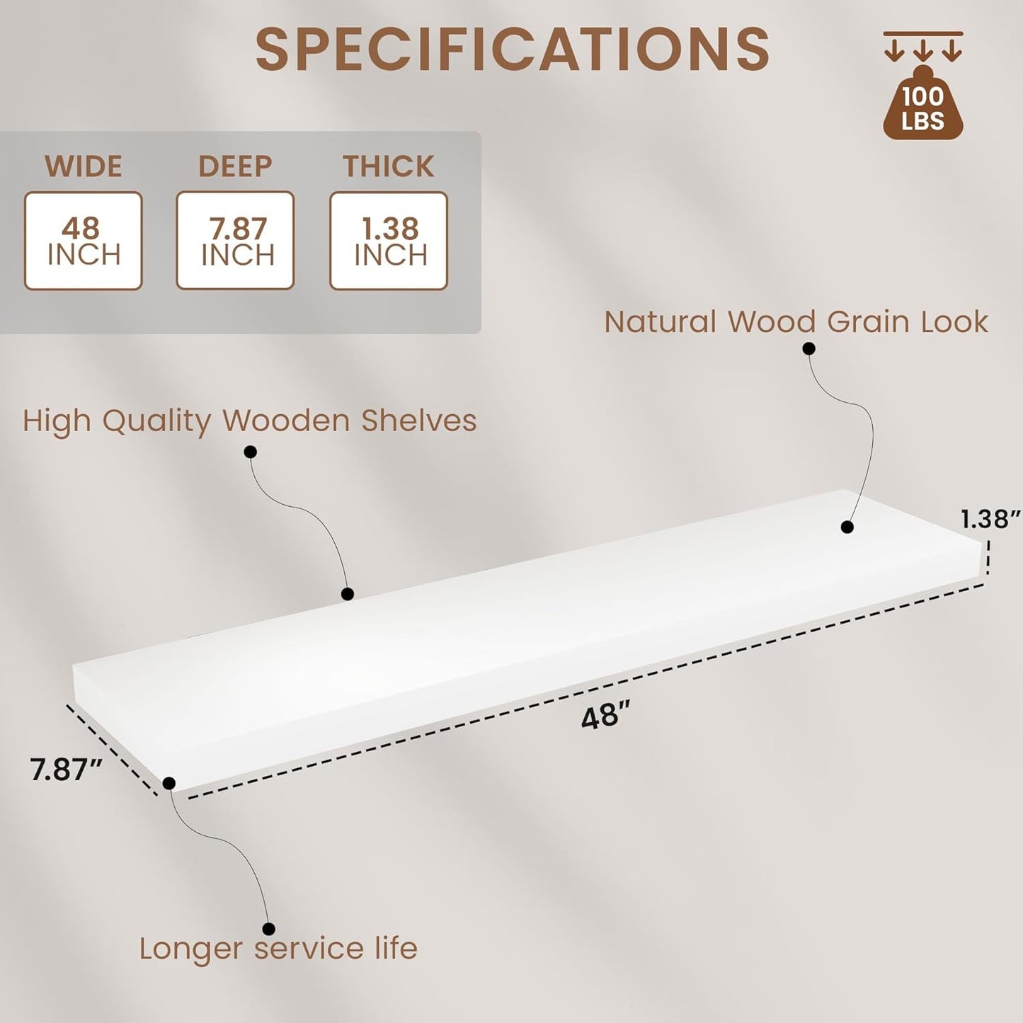 White Floating Wood Shelves for Wall 48 Inch, 8 in Deep Pine Shelf Floating Home Decor, Heavy Duty Shelf Hold 100 lbs, Wall Shelves for Bathroom Living Room Kitchen Bedroom Office Book, Set of 2