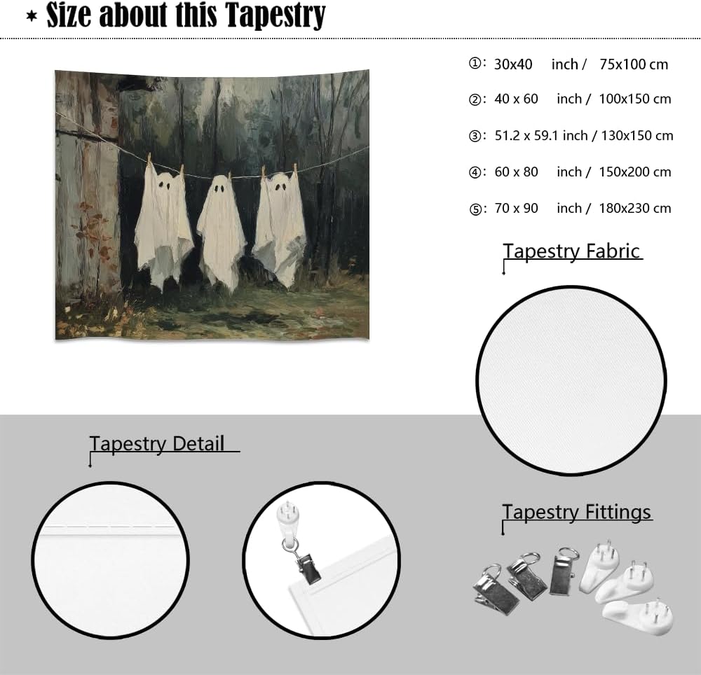 Vintage Halloween Tapestry Funny Ghosts on Clothesline Tapestry Wall Hanging Farmhouse Gothic Room Decor Spooky Ghost Prints for Dark Academia Halloween Party House Decoration Tapestries 70x90inch