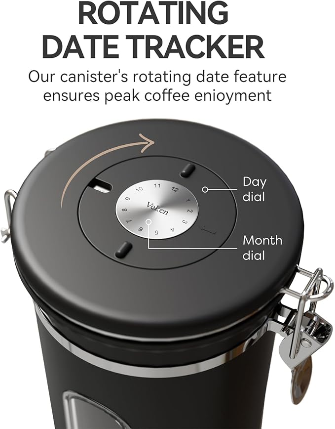 Coffee Canister Set 16 + 22 + 38 oz with Window, Airtight Stainless Steel Kitchen Food Storage Container with Date Tracker and Scoop for Grounds Coffee, Beans, Tea, Flour, Cereal, Sugar, Black