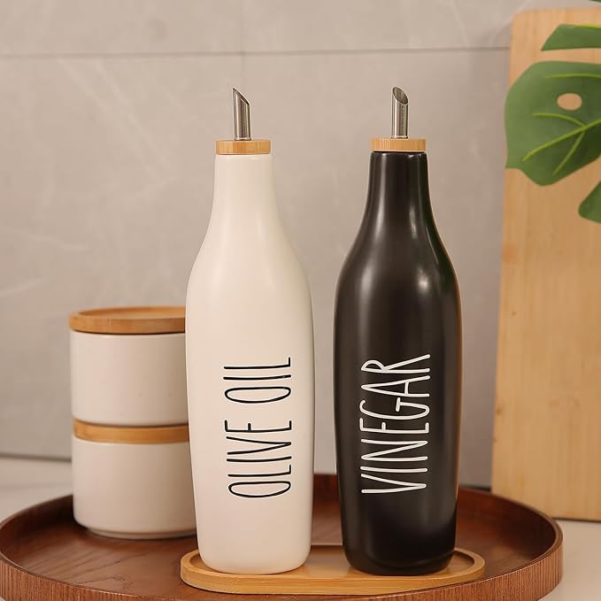 HOMCDALY Olive Oil and Vinegar Dispenser Set, 16oz Ceramic Oil Dispenser for Kitchen, Kitchen Dispenser Bottle for EVOO Vinegar Syrups, Modern Farmhouse Design| Set of 2 – P-Black&White