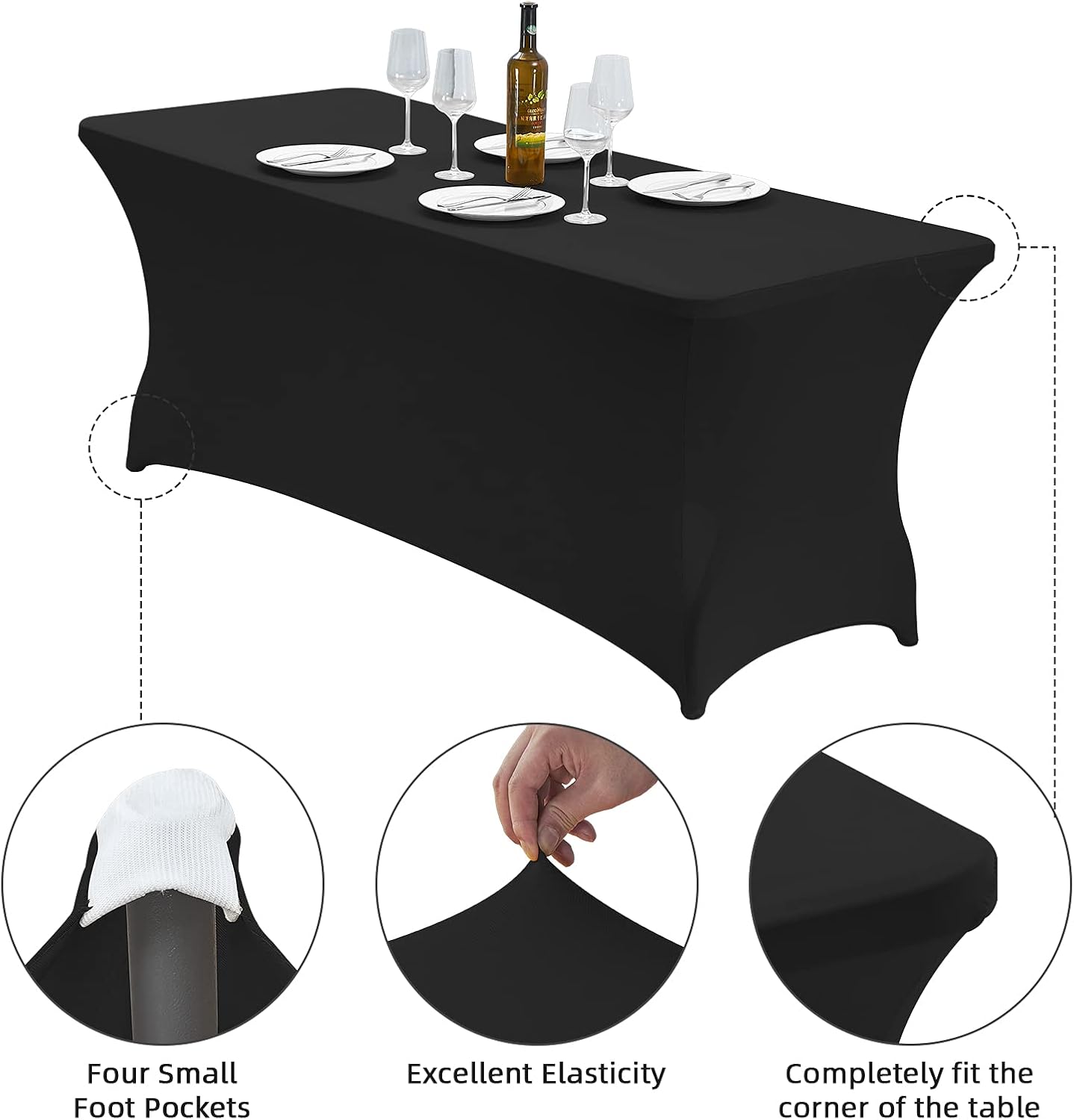 CWK 6FT 2Pcs Stretch Spandex Table Cover for Rectangular Tables - Elastic Fitted Tablecloth for Folding Tables, Wrinkle Resistant, Durable Table Protector for Parties,Weddings,Banquets &Events (Black)