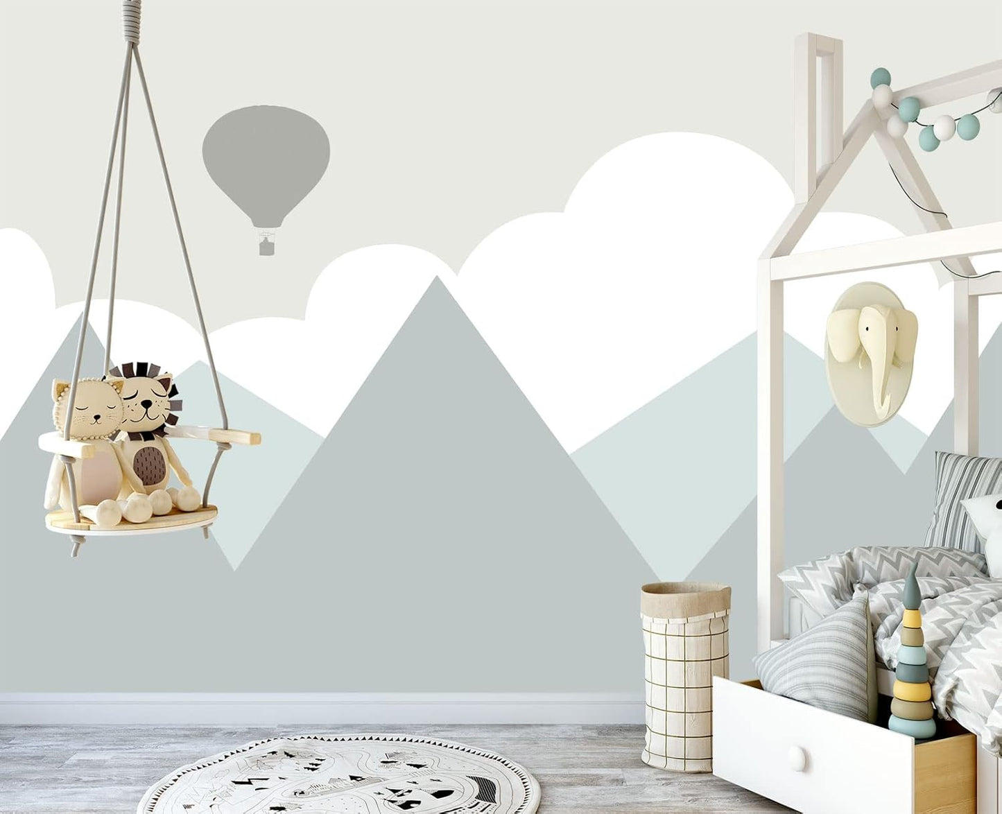 Cartoon Hot air Balloon Mountain Peak Baiyun Children's Nursery Wall Mural Wallpaper 103" x 69"