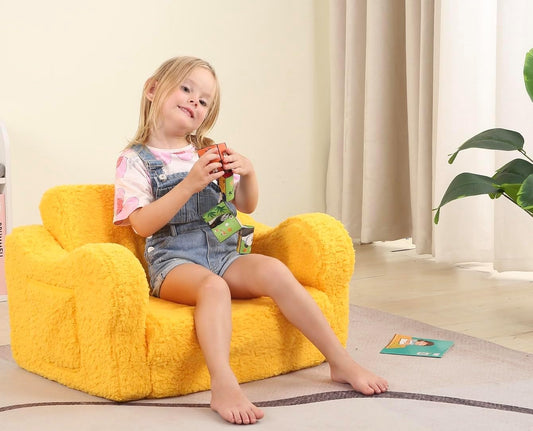 Kids Chairs for Toddler, 2-in-1 Toddler Soft Sherpa Couch Fold Out, Convertible Sofa to Lounger for Girls and Boys, Halloween Decor, Yellow