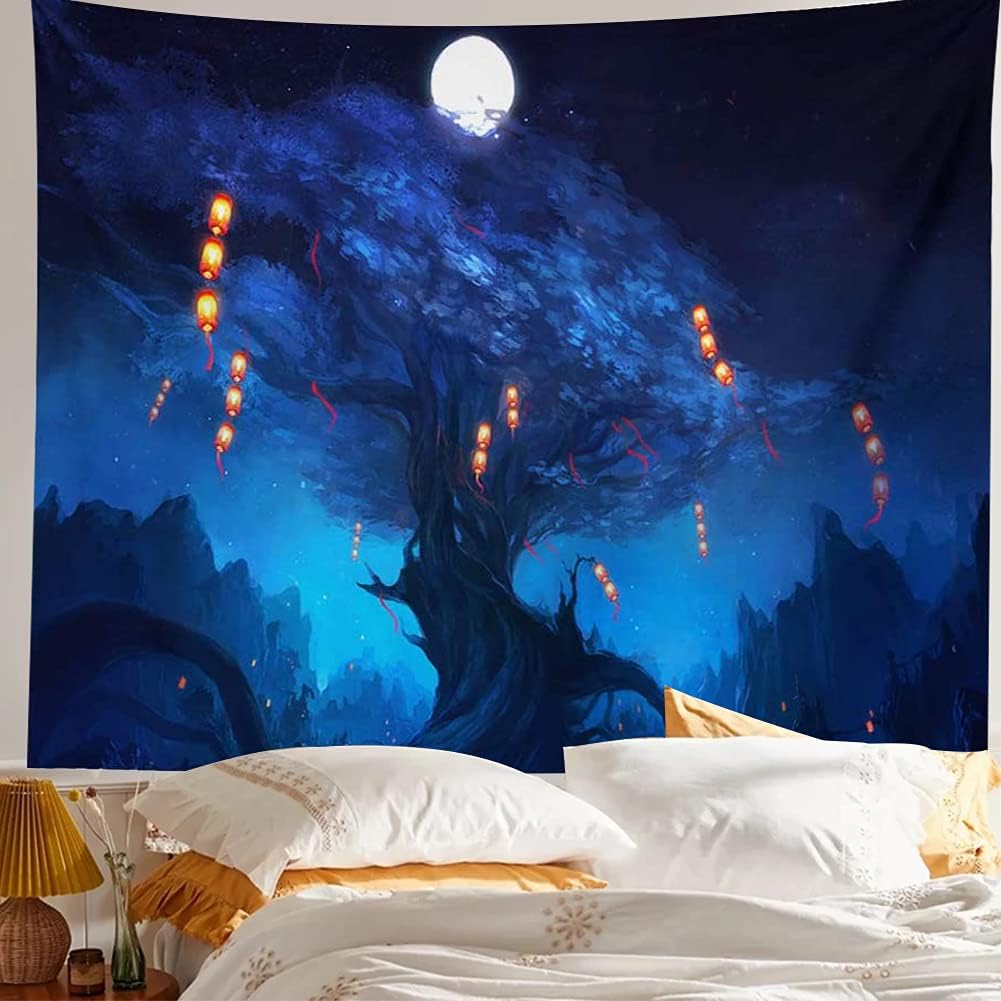 Forest Landscape Tapestry for Living Room & Bedroom - Magic Tapestry (Lanterns Hanging on The Tree, 90.5''L70.8''W)