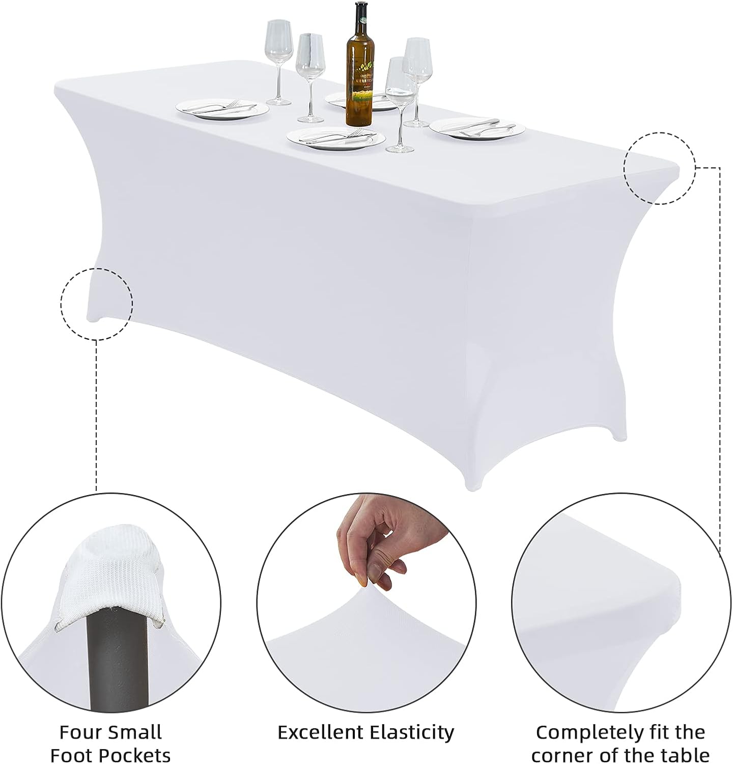 CWK 6FT 2Pcs Stretch Spandex Table Cover for Rectangular Tables - Elastic Fitted Tablecloth for Folding Tables, Wrinkle Resistant, Durable Table Protector for Parties,Weddings,Banquets &Events (White)